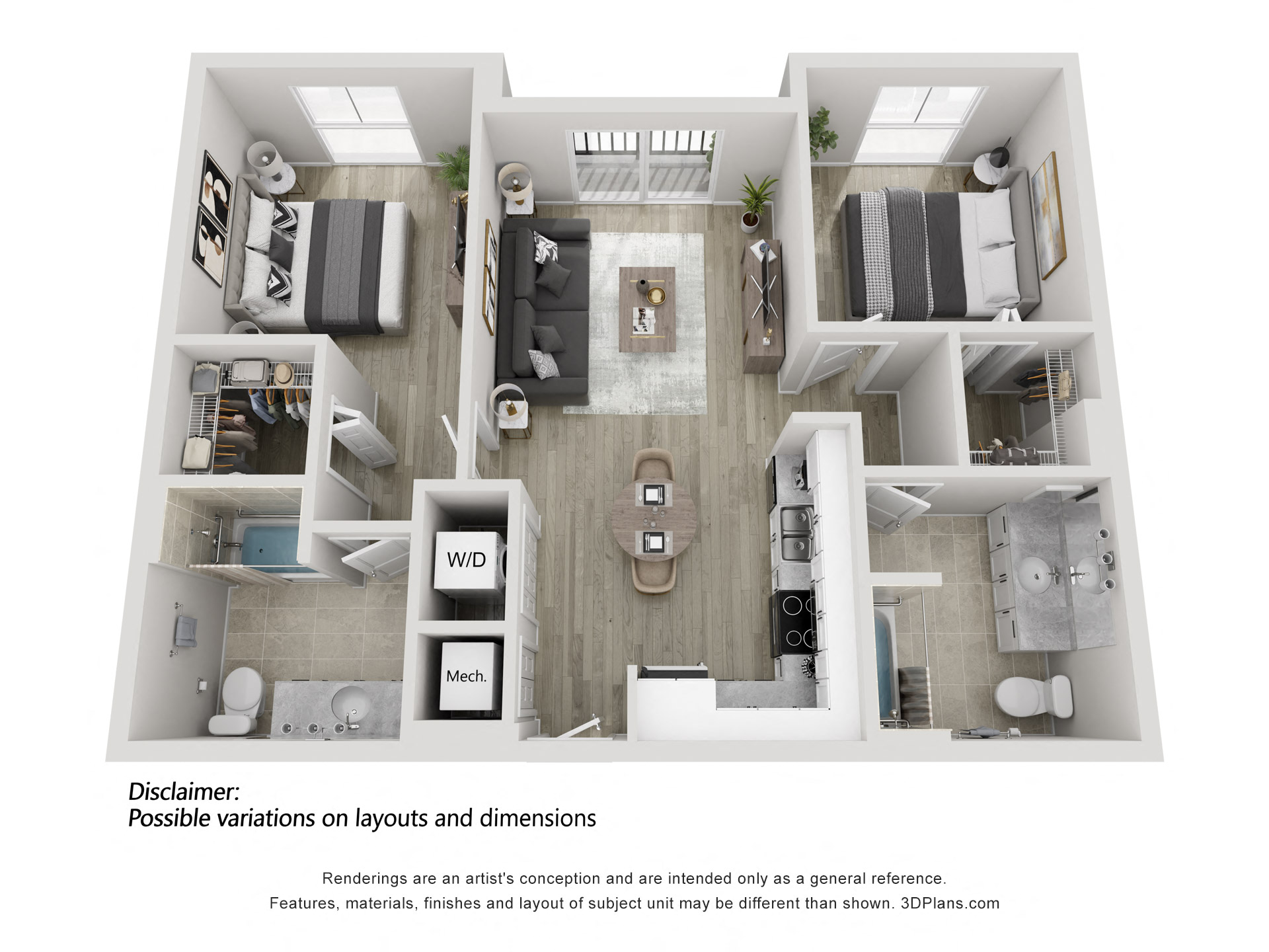 Floor plan for 2 beds, 2 baths, 914 sqft